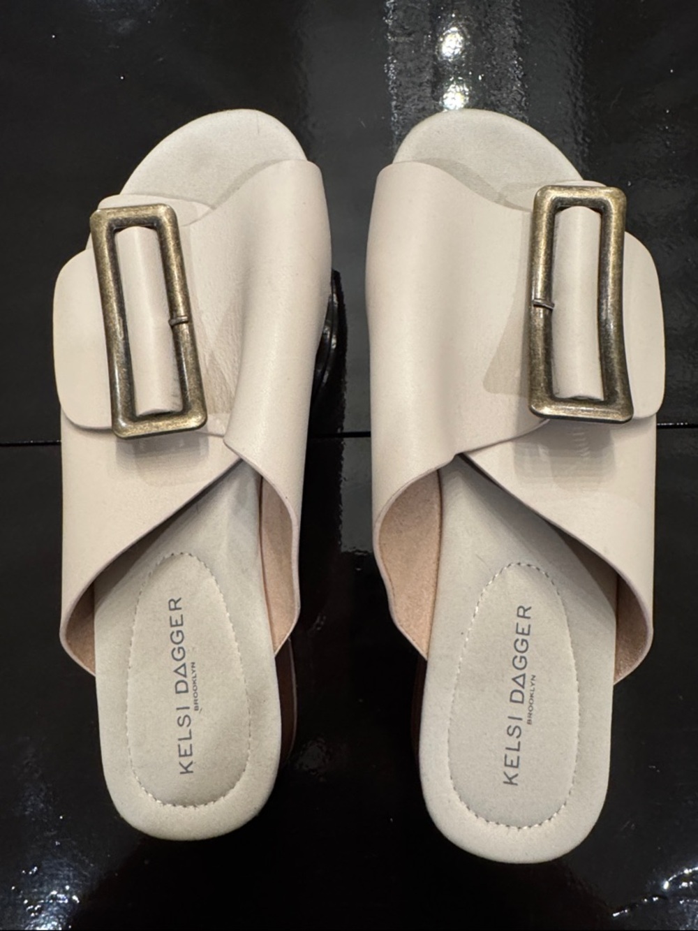 Kelsi Dagger Cream Slide Mules with Antique Gold Buckles. Like new.